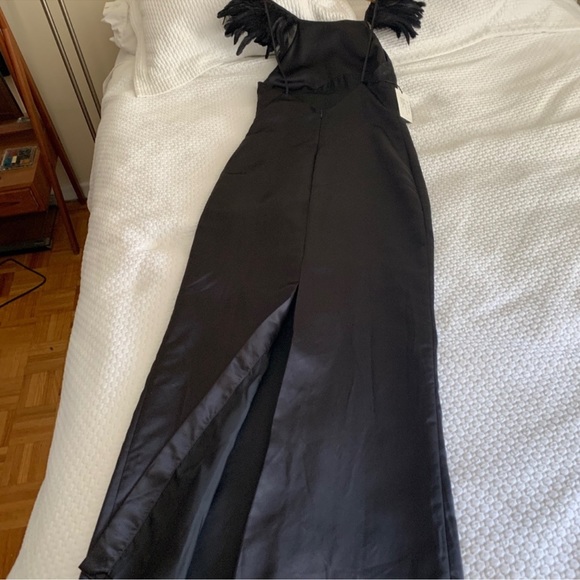 NWT Black Silk Gown with Shoulder Feathers and back slit - Picture 1 of 6